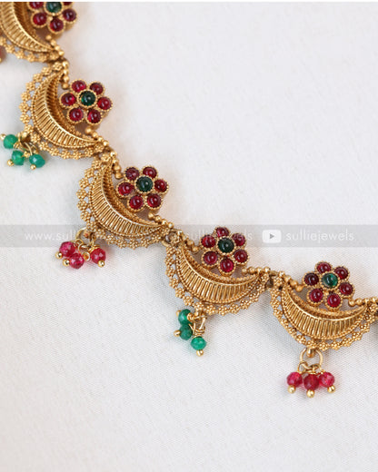 3875 - Ruby Green Flower Gold Ardha Chandra Necklace with Stud