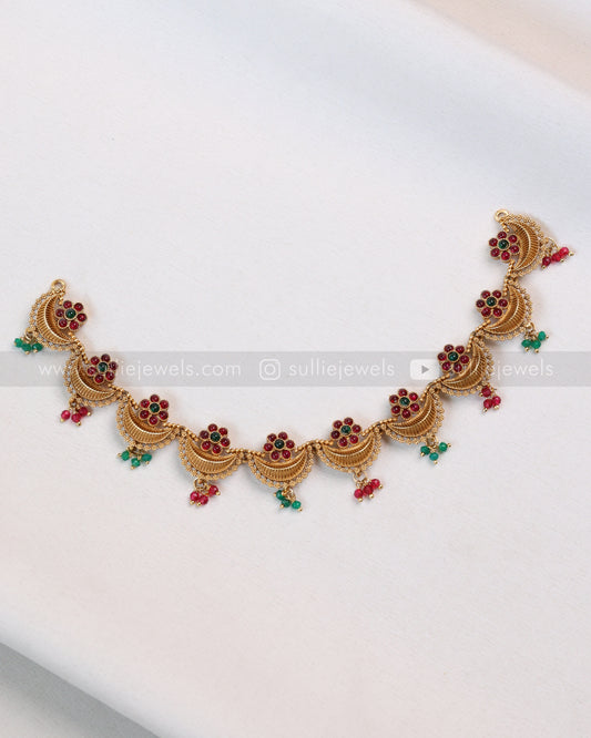 3875 - Ruby Green Flower Gold Ardha Chandra Necklace with Stud