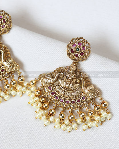 7164 - Goddess Gold & Pearl Long Chain / Haram with Earring
