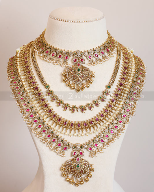 Pink & Gold No Idol Kemp Guttapusalu Bridal Combo ( 7 piece )
