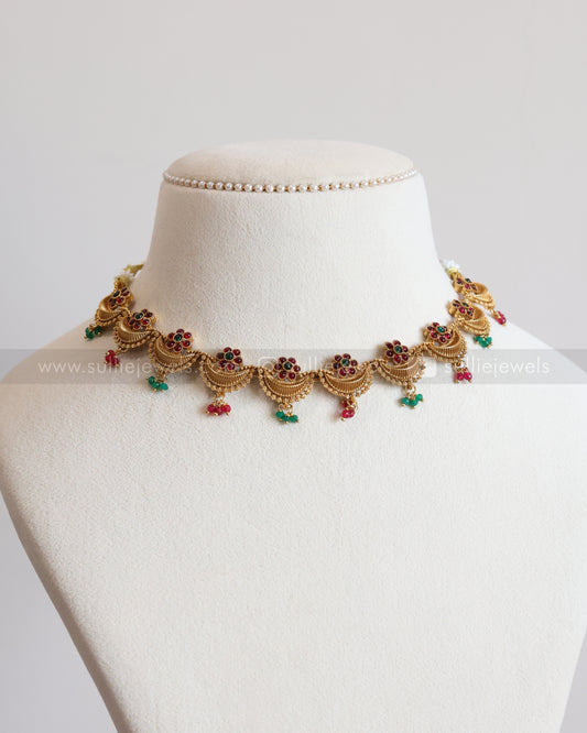 3875 - Ruby Green Flower Gold Ardha Chandra Necklace with Stud