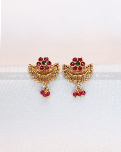 3875 - Ruby Green Flower Gold Ardha Chandra Necklace with Stud
