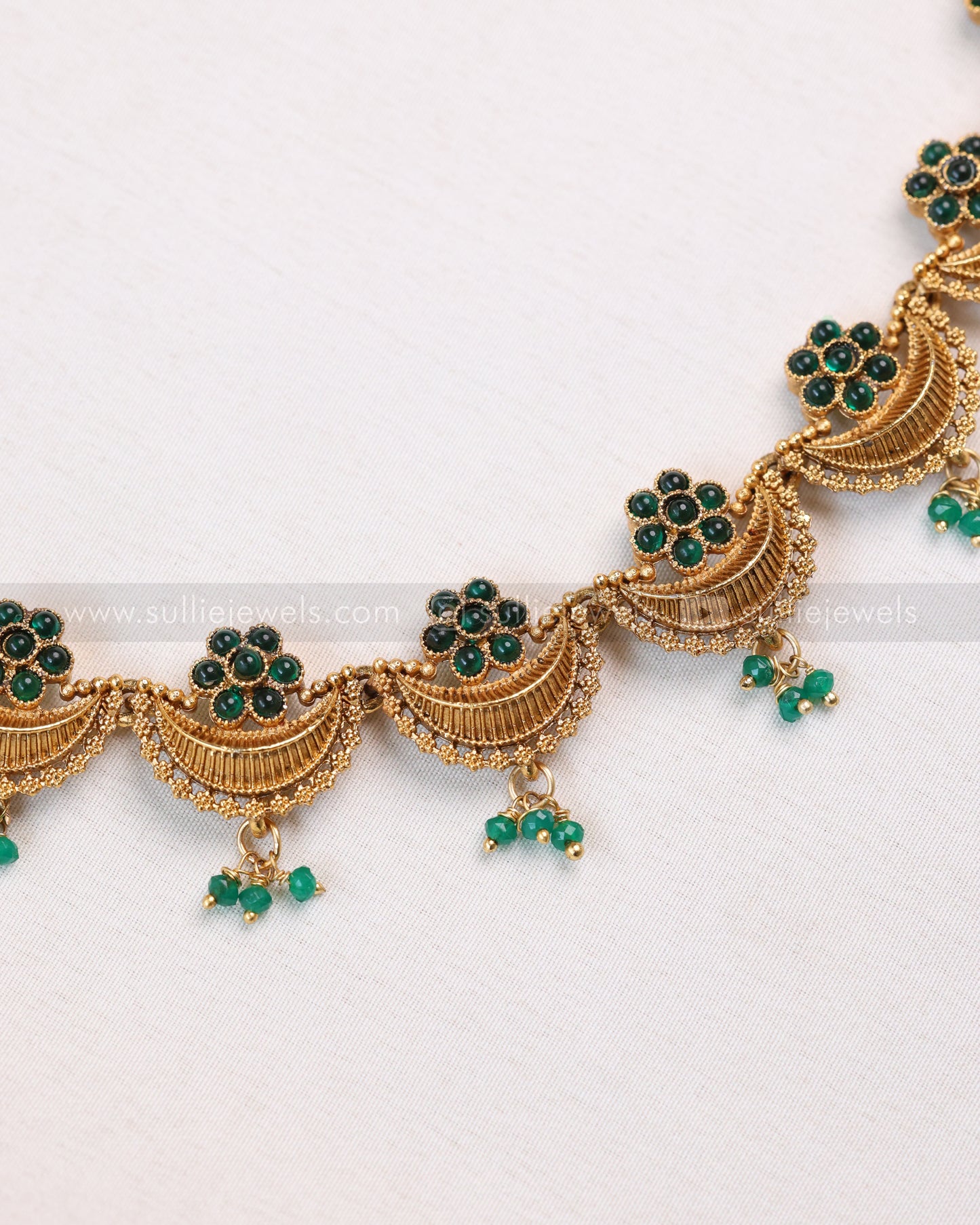 3874 -  Green Flower Gold Ardha Chandra Necklace with Stud