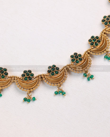 3874 -  Green Flower Gold Ardha Chandra Necklace with Stud
