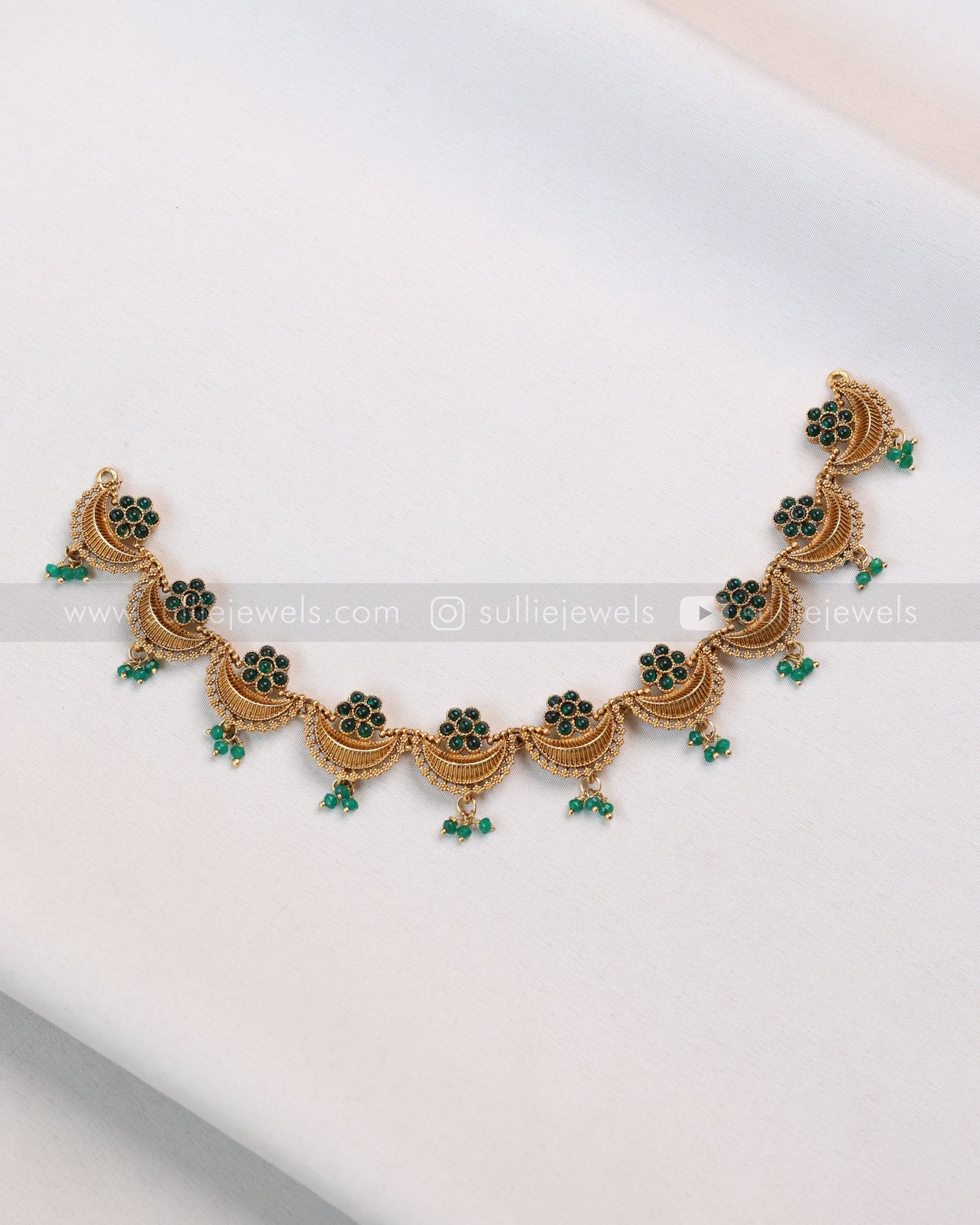 3874 -  Green Flower Gold Ardha Chandra Necklace with Stud
