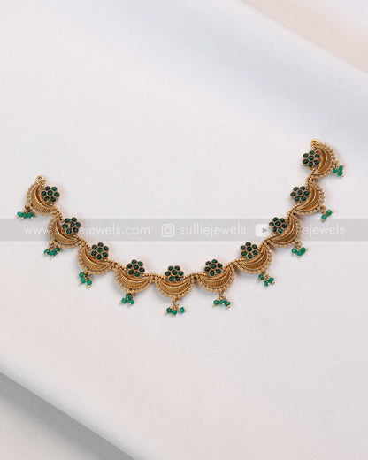 3874 -  Green Flower Gold Ardha Chandra Necklace with Stud
