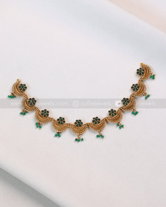 3874 -  Green Flower Gold Ardha Chandra Necklace with Stud