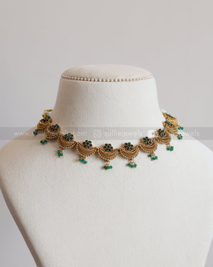 3874 -  Green Flower Gold Ardha Chandra Necklace with Stud
