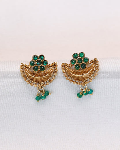 3874 -  Green Flower Gold Ardha Chandra Necklace with Stud