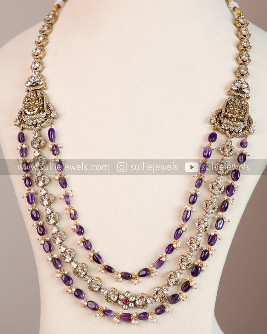Moissanite & Violet Beaded Lakshmi Premium Victorian 3 Layer Long Chain / Haram with Earring