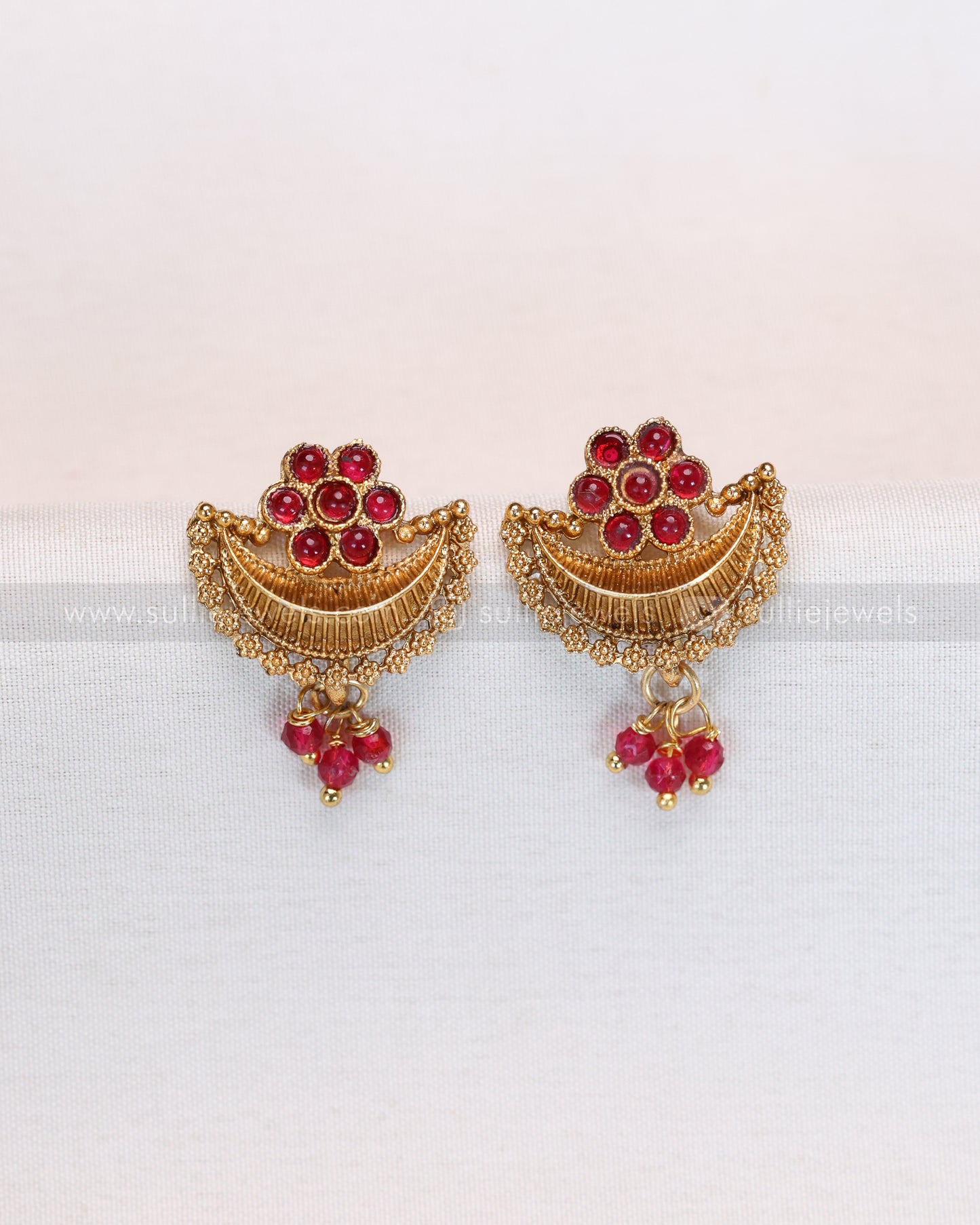 3873 - Ruby Flower Gold Ardha Chandra Necklace with Stud