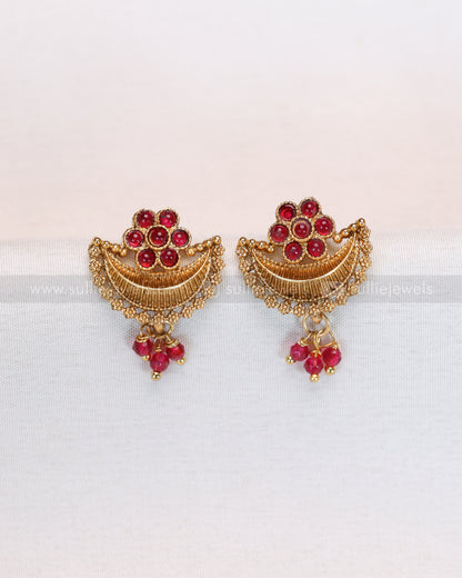 3873 - Ruby Flower Gold Ardha Chandra Necklace with Stud