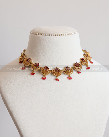 3873 - Ruby Flower Gold Ardha Chandra Necklace with Stud
