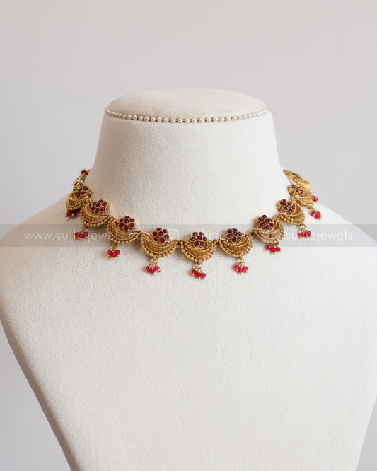 3873 - Ruby Flower Gold Ardha Chandra Necklace with Stud