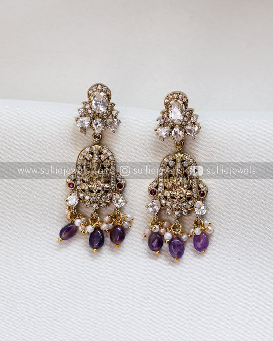 Moissanite & Violet Beaded Lakshmi Premium Victorian 3 Layer Long Chain / Haram with Earring