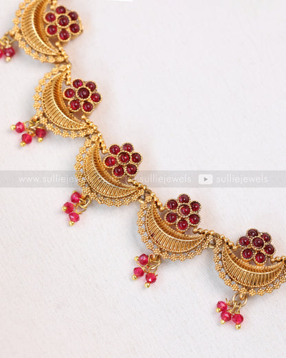 3873 - Ruby Flower Gold Ardha Chandra Necklace with Stud