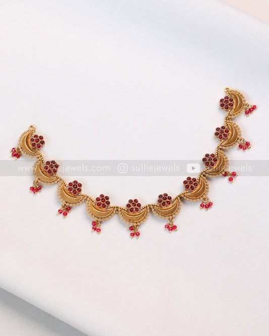 3873 - Ruby Flower Gold Ardha Chandra Necklace with Stud