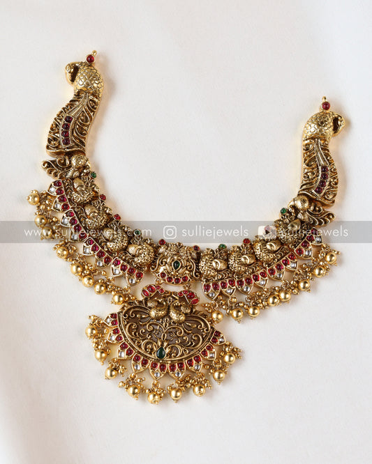Premium Peacock Necklace with Jhumka - Gold Beads