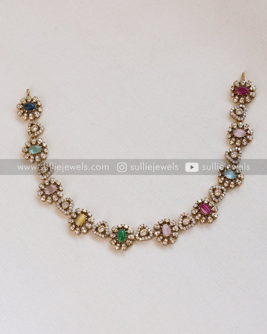 Multicolour Stone & Flower Necklace with Stud