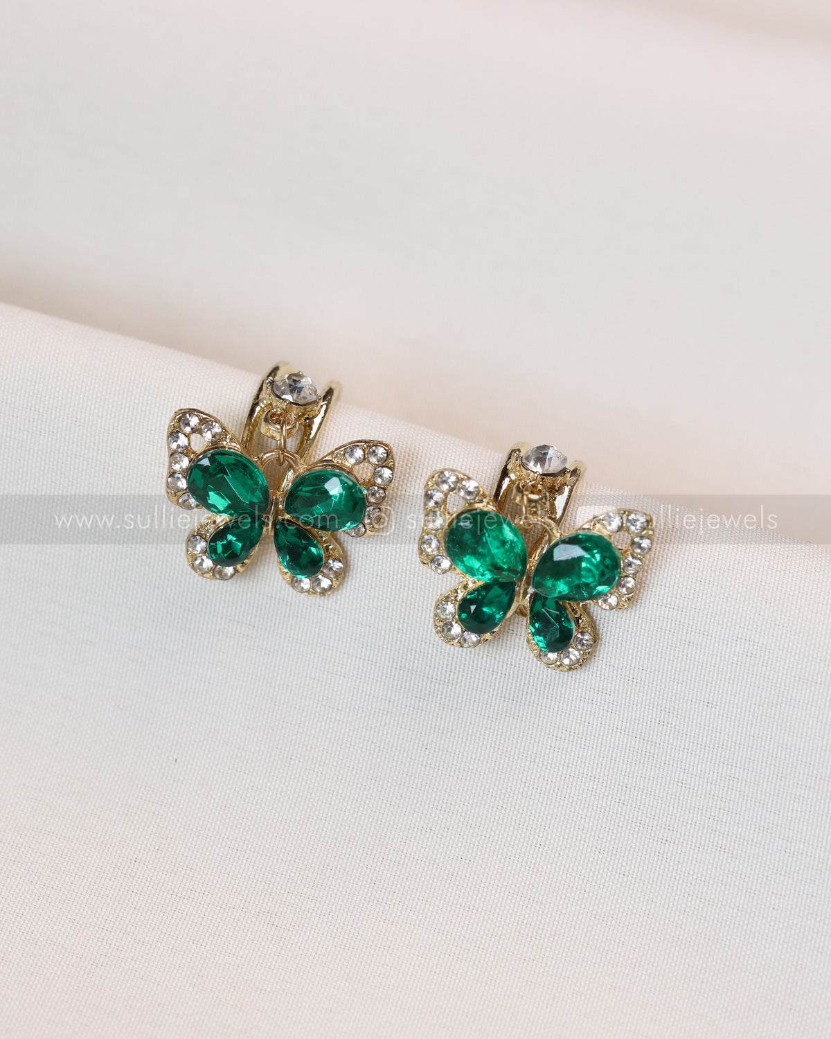 W129 - Green Crystal Butterfly Earrings