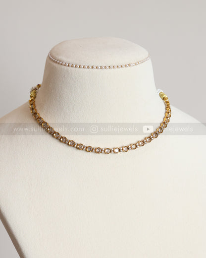 Single Line Minimal White Stone Gold Necklace / Choker with Floral Stud