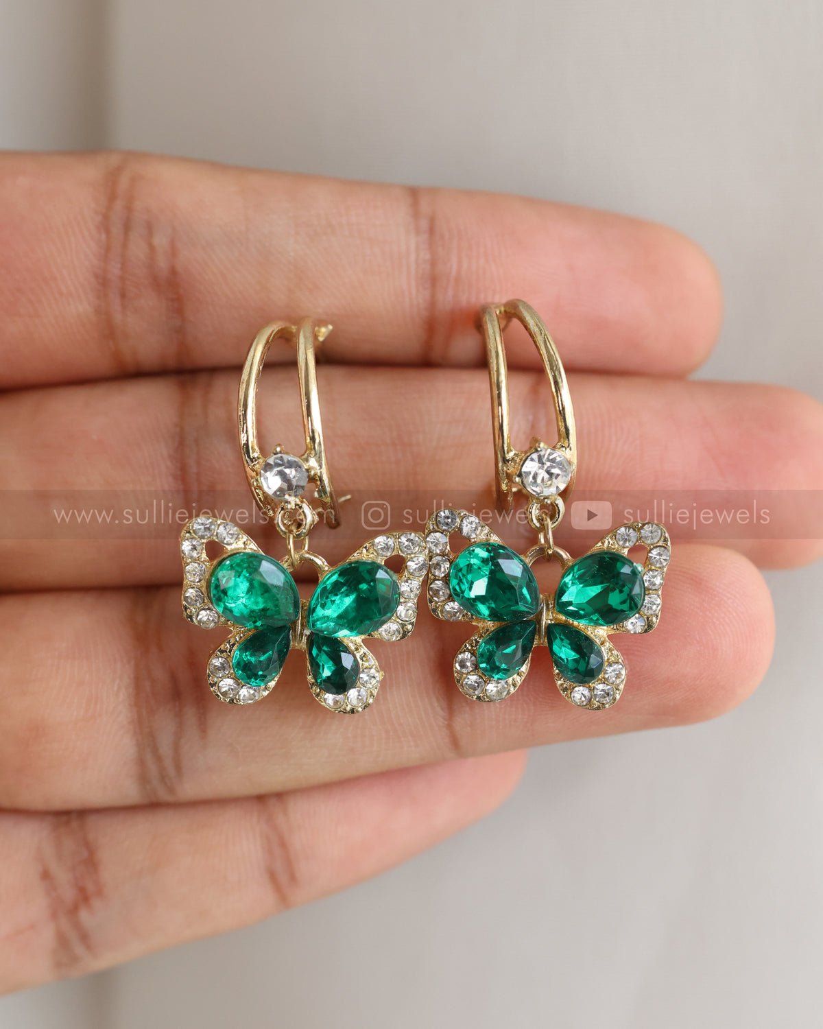 W129 - Green Crystal Butterfly Earrings
