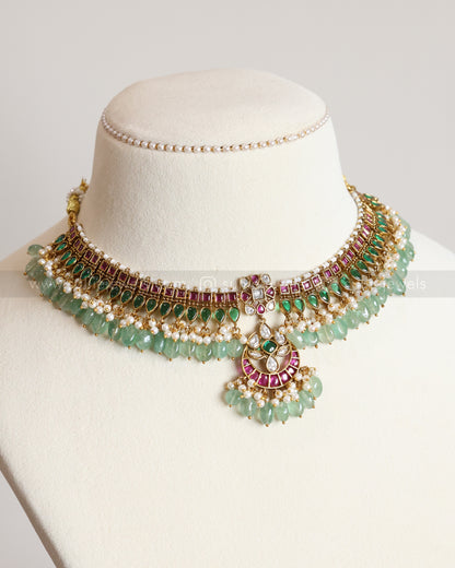 Kemp Chandbali Premium Choker Mint Beads with Earring