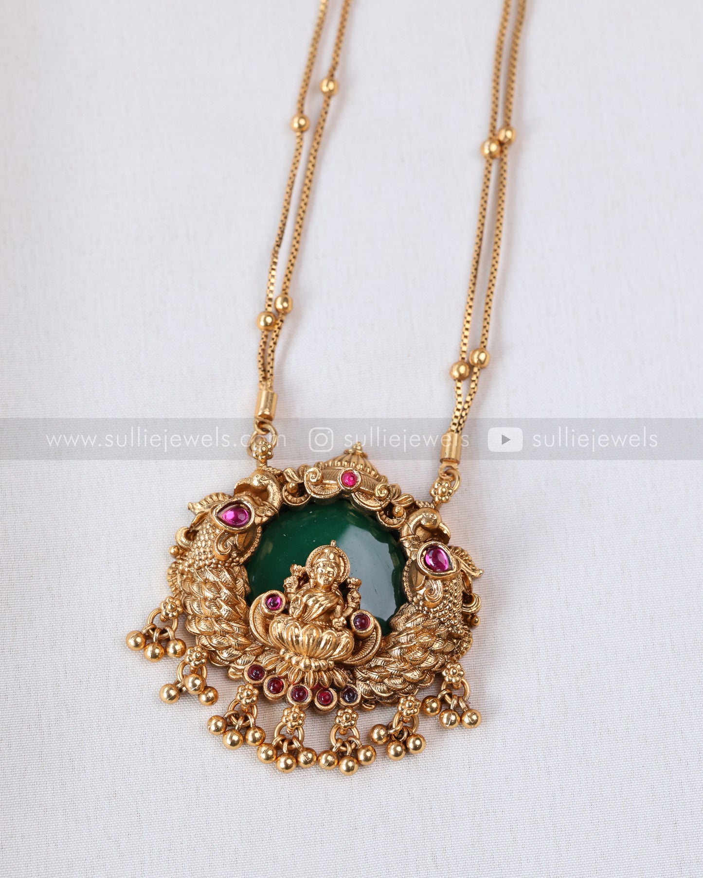6048 - Sullie Basic Lakshmi Peacock Palakka Gold Beads Chain Pendant