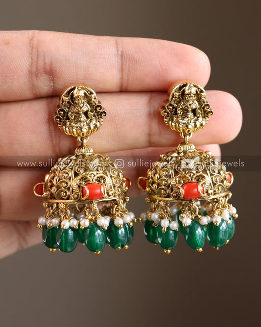 Premium Lakshmi Coral Stone Gold Jhumka