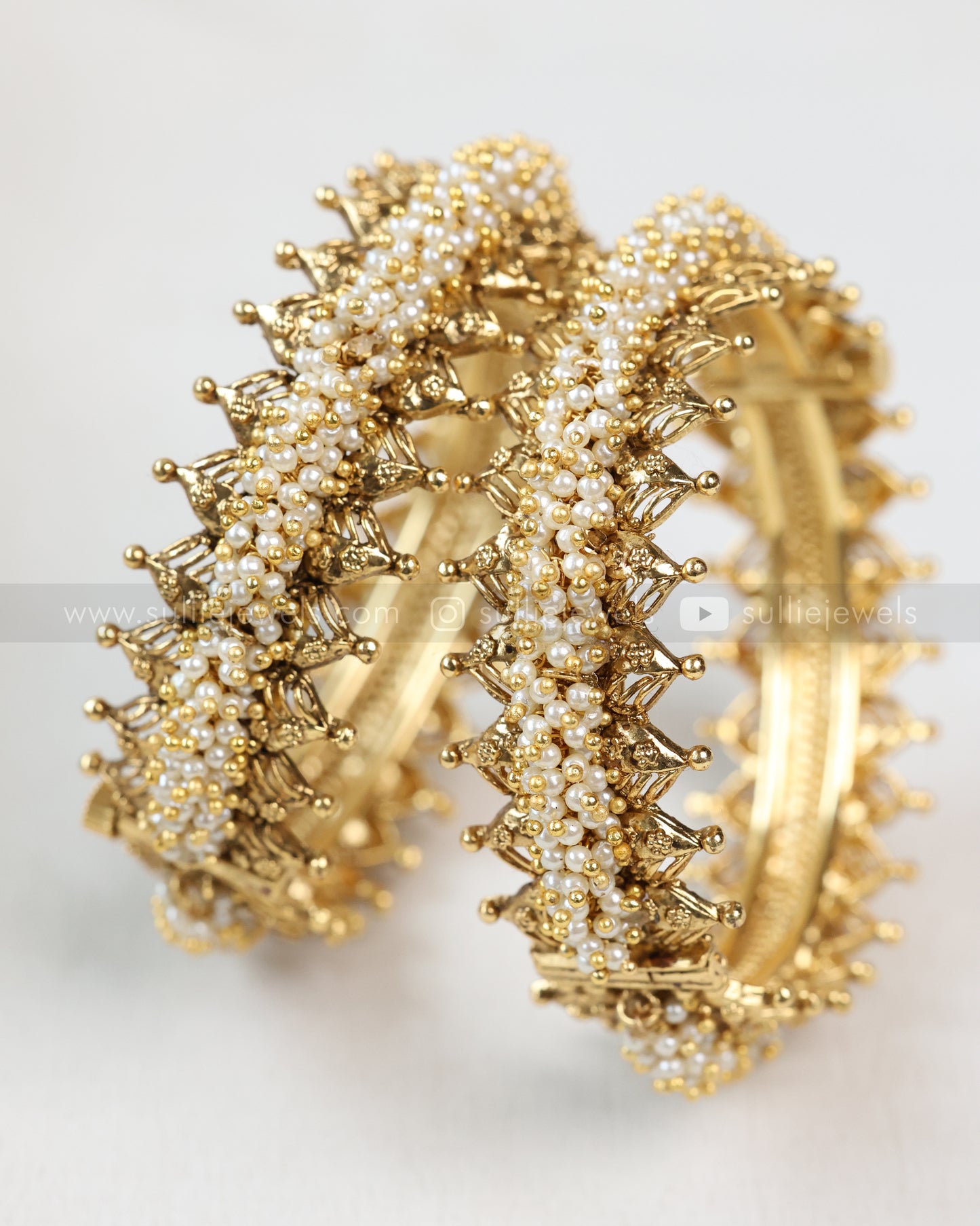 9038 - Golden Pearl Beaded Screw Bangle - Set of 2