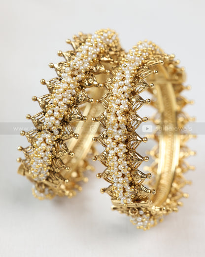 9038 - Golden Pearl Beaded Screw Bangle - Set of 2