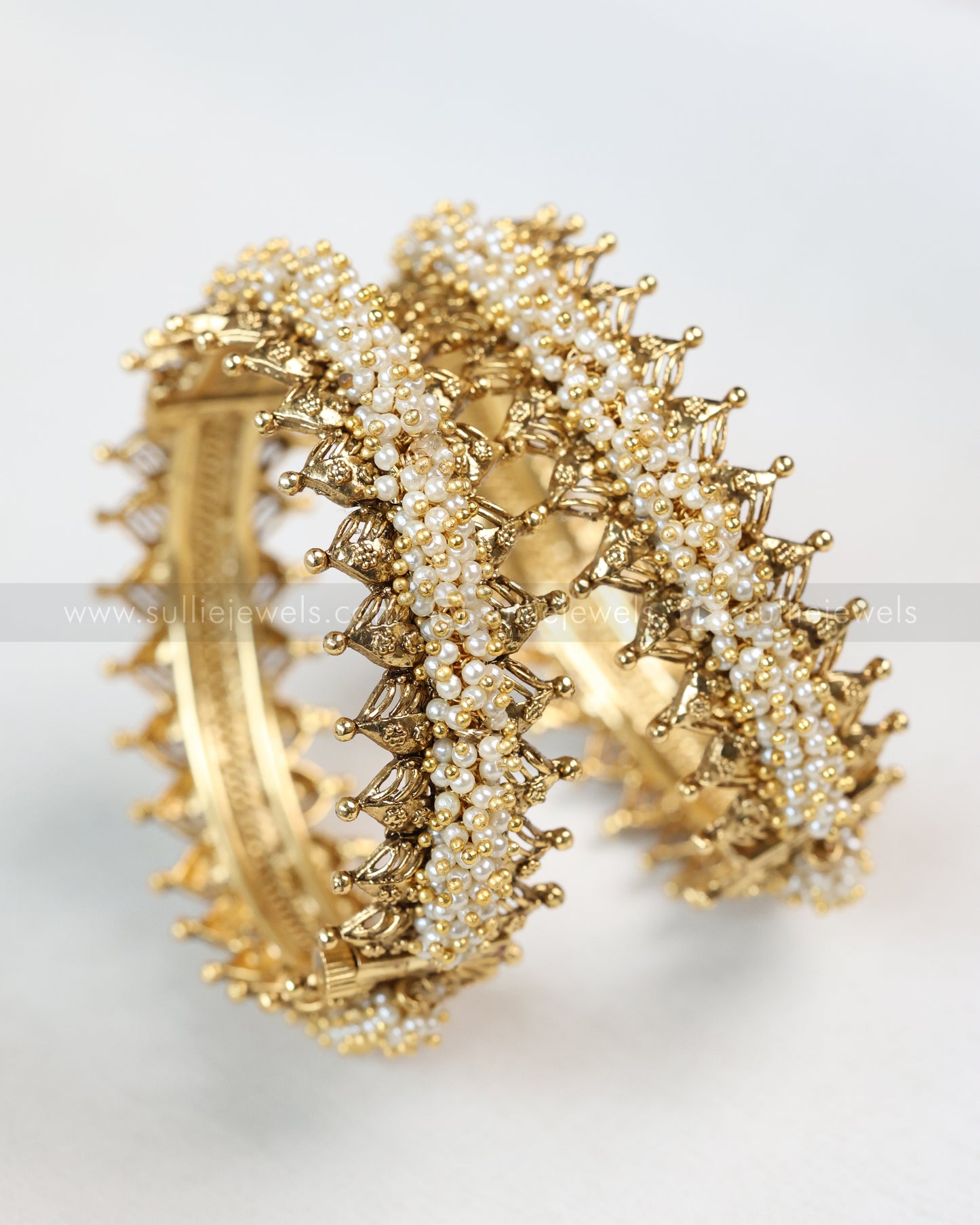 9038 - Golden Pearl Beaded Screw Bangle - Set of 2