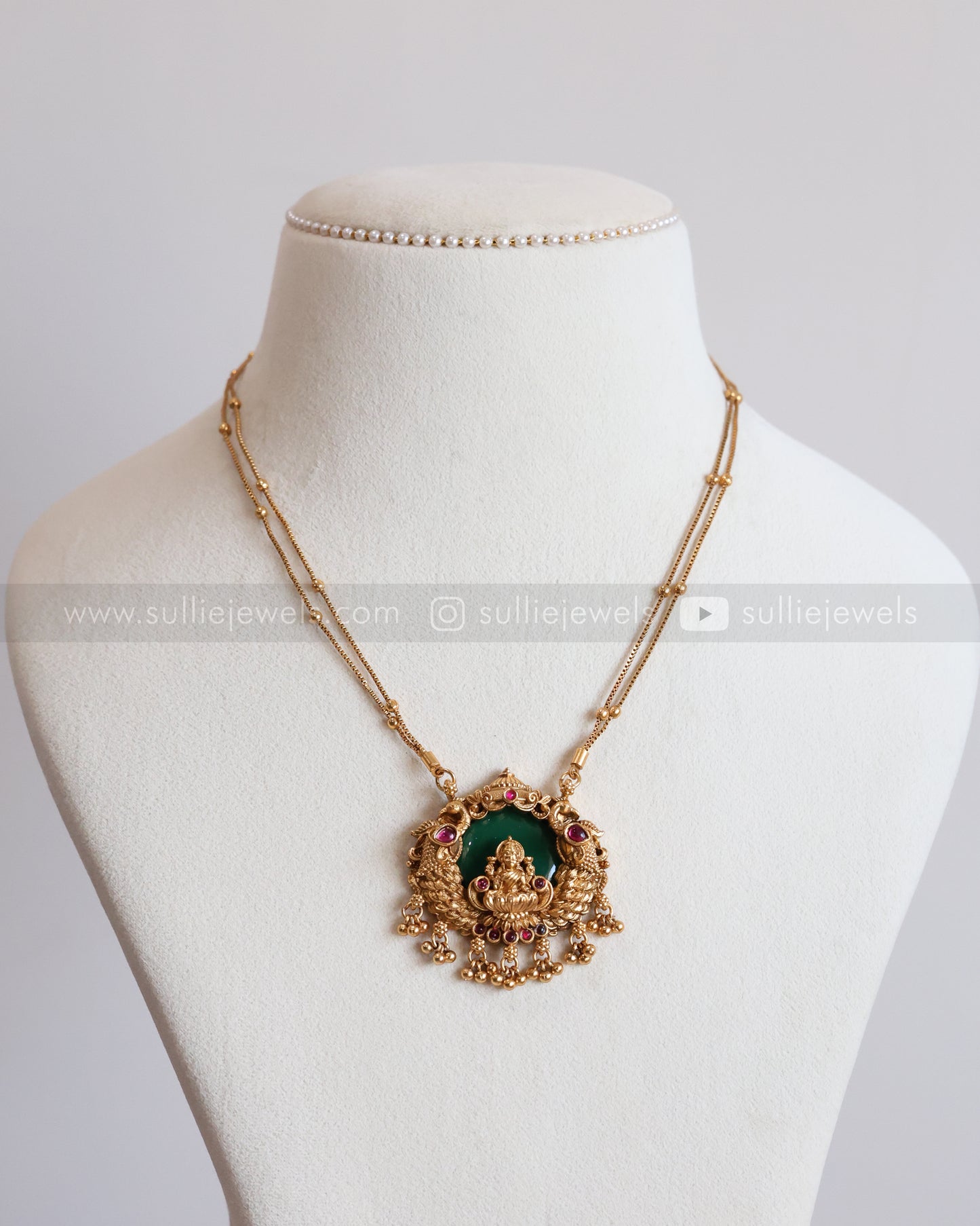 6048 - Sullie Basic Lakshmi Peacock Palakka Gold Beads Chain Pendant
