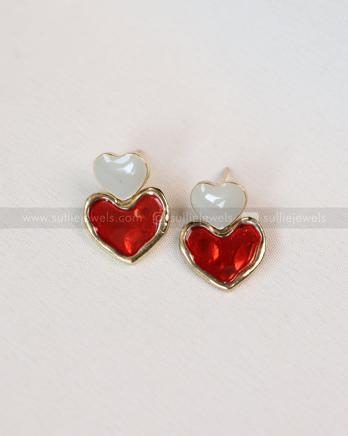 W123 - Red & White Double Heart Earrings