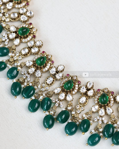 3721 - Green Victorian Premium Diamond Necklace with Jhumkas