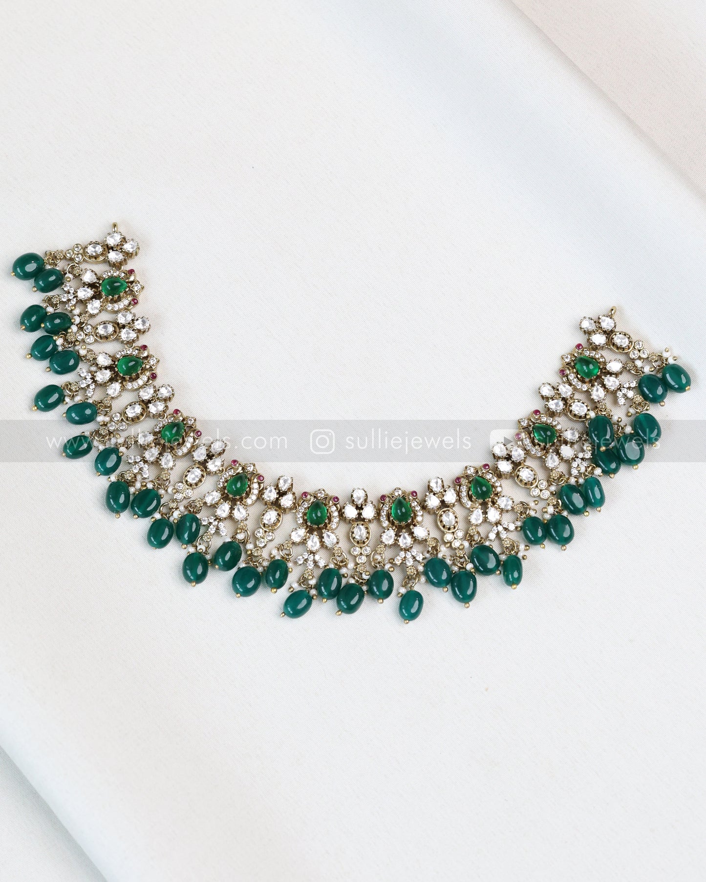 3721 - Green Victorian Premium Diamond Necklace with Jhumkas