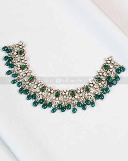 3721 - Green Victorian Premium Diamond Necklace with Jhumkas