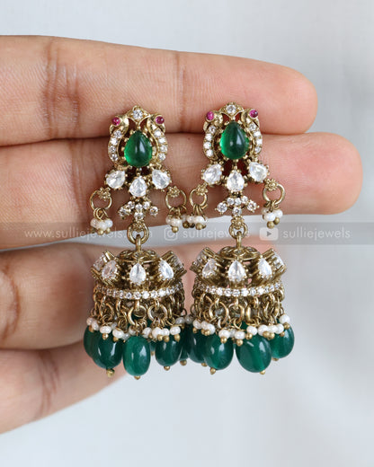 3721 - Green Victorian Premium Diamond Necklace with Jhumkas