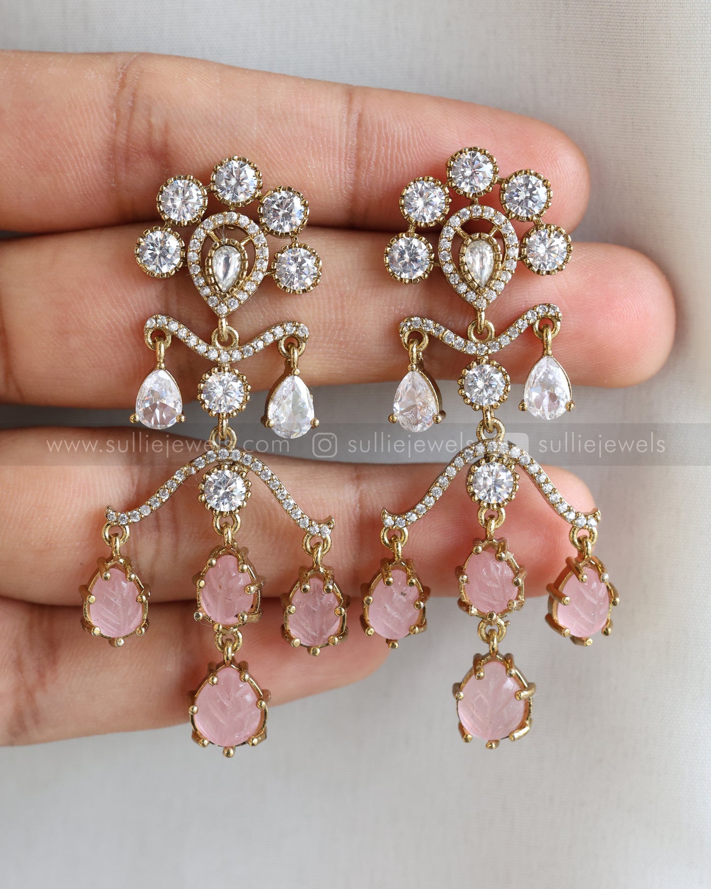 E1207 - Raindrop Pastel Pink Carved Marble Stone Earring