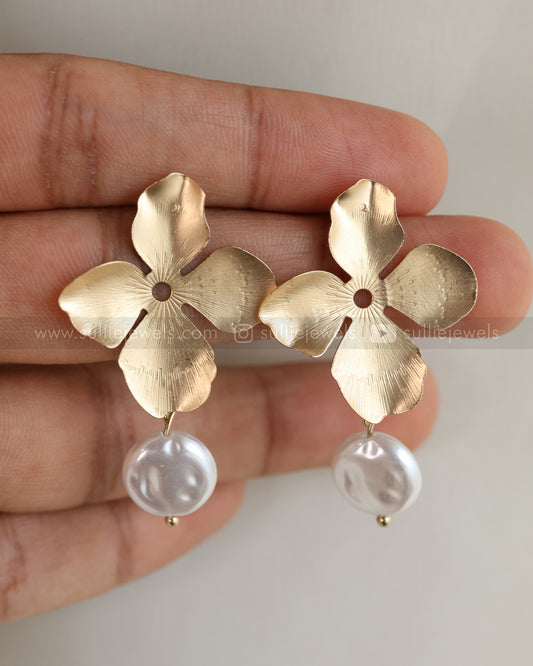 W125 - Matte Gold Flower Pearl Drop Earrings