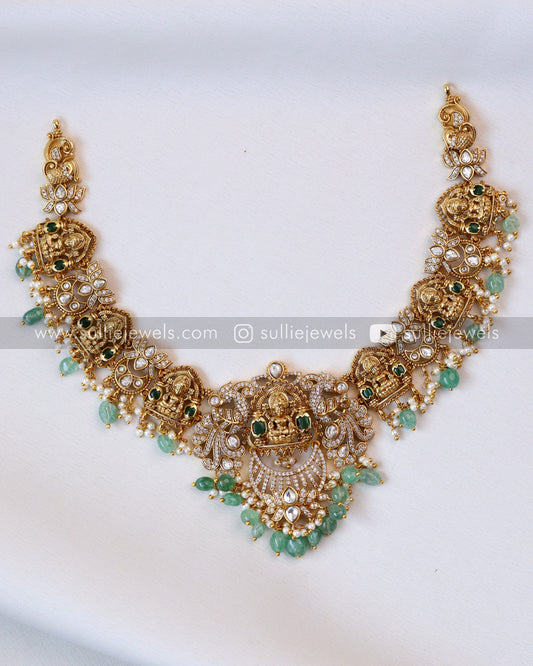 Lakshmi Necklace with Mint Beads and Earrings