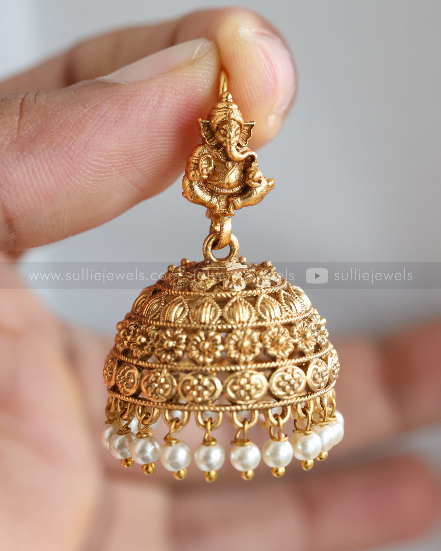 E1212 - Lord Ganesh Hanging Jhumka - Pearl