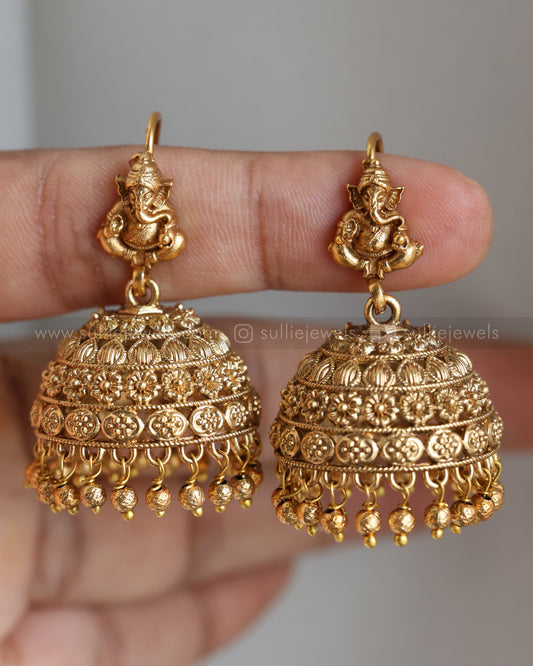 E1211 - Lord Ganesh Hanging Jhumka - Gold