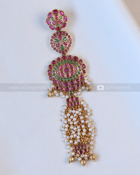 1093 - Designer Pearls & Ruby Green Kemp Stone Hair Brooch