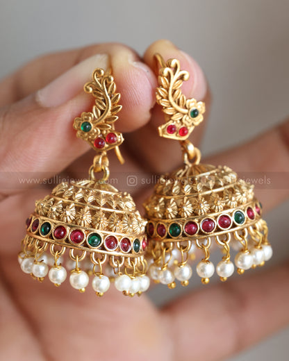 E1210 - Floral Multicolour Stone Hanging Jhumka
