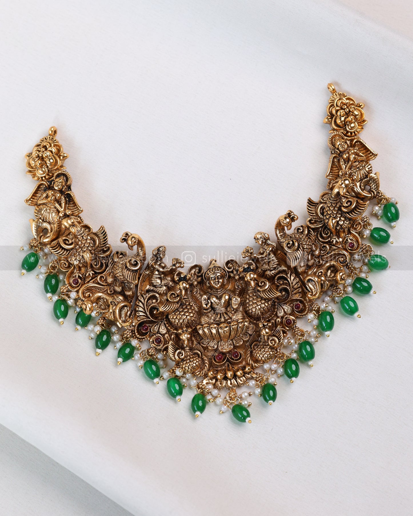 3772 - Sullie Basic Lakshmi Peacock 3D Necklace with Green Beads and Earring