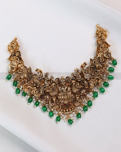 3772 - Sullie Basic Lakshmi Peacock 3D Necklace with Green Beads and Earring