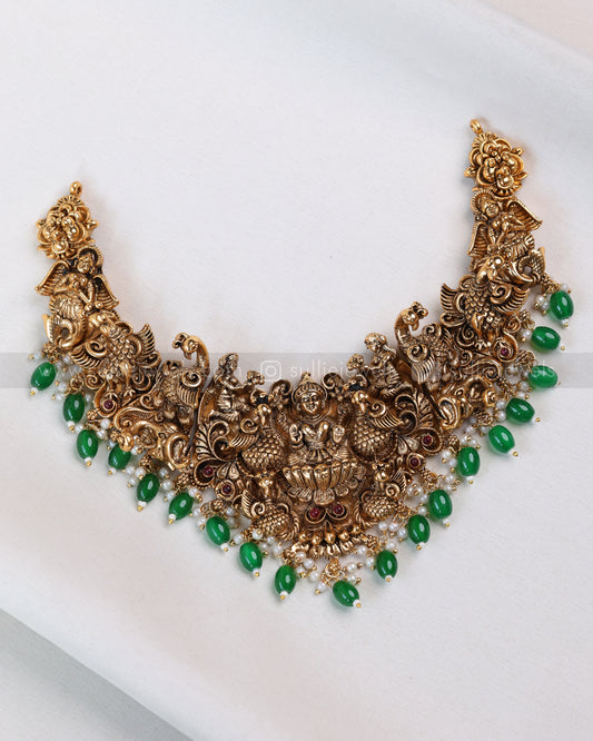 3772 - Sullie Basic Lakshmi Peacock 3D Necklace with Green Beads and Earring