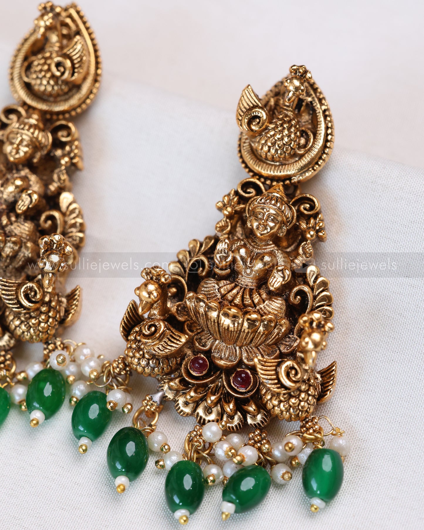 3772 - Sullie Basic Lakshmi Peacock 3D Necklace with Green Beads and Earring