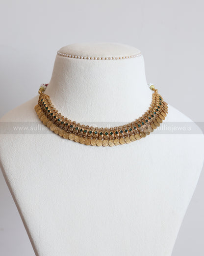 3770 - Sullie Basic - Lakshmi Coin Green Kaashu Maala with Stud